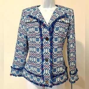 CARLISLE COLLECTION ALBA Luxury Tweed Fringe Blue and White Patterned Jacket 0